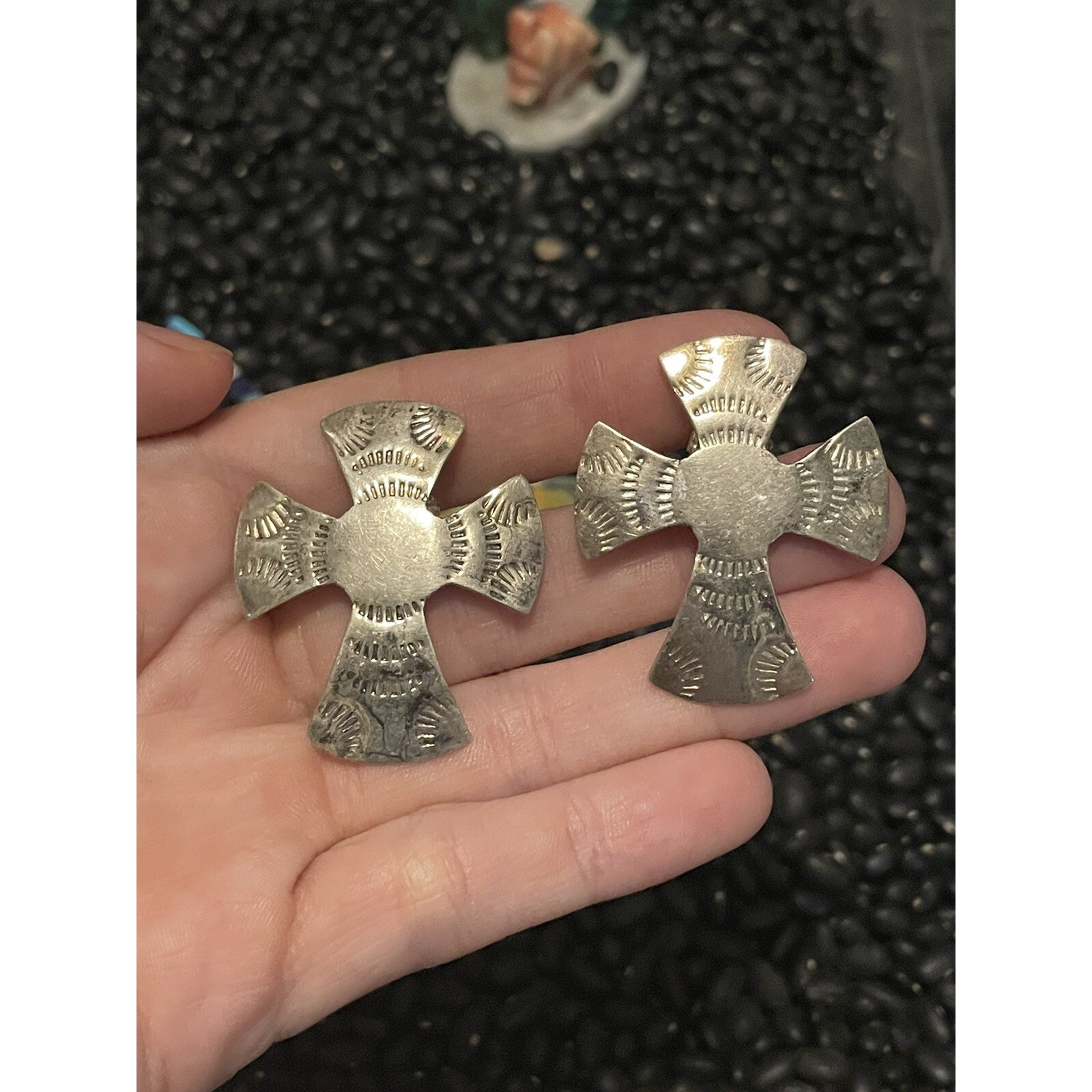 Sterling Silver Mexico Stamped Cross Earrings Post Back Earrings Native Style 89$